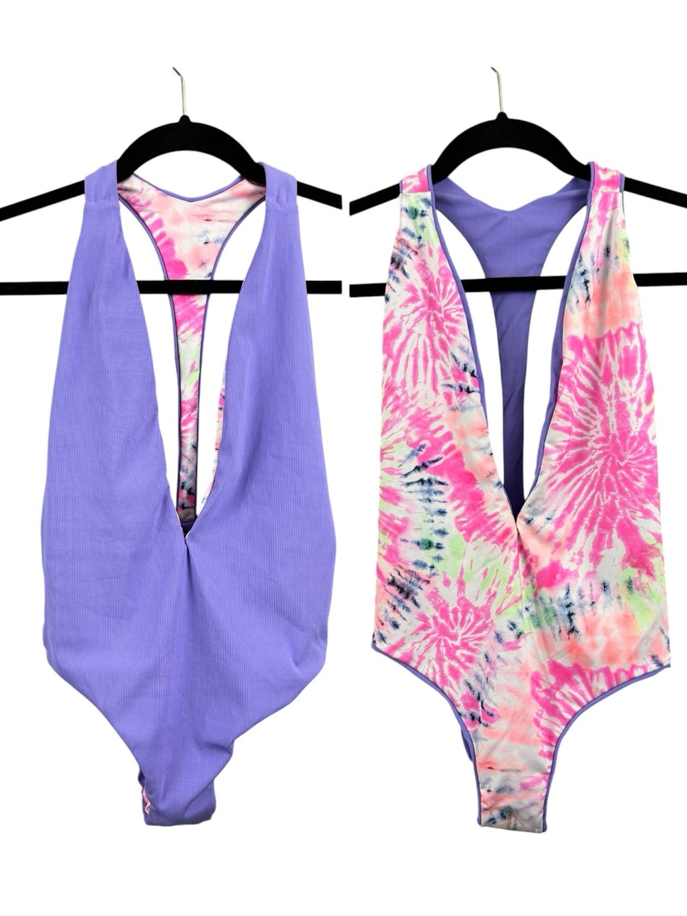 Maaji Reversible Tiki Plunge Tie Dye & Lavender One-Piece Swimsuit Size Small